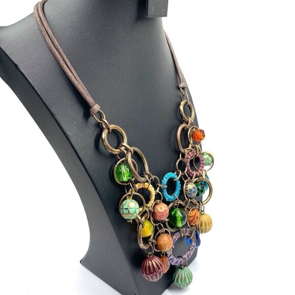 Multicolor Statement Bib Necklace With Interconnected Rings Bronze/Green/Purple - Picture 2 of 4